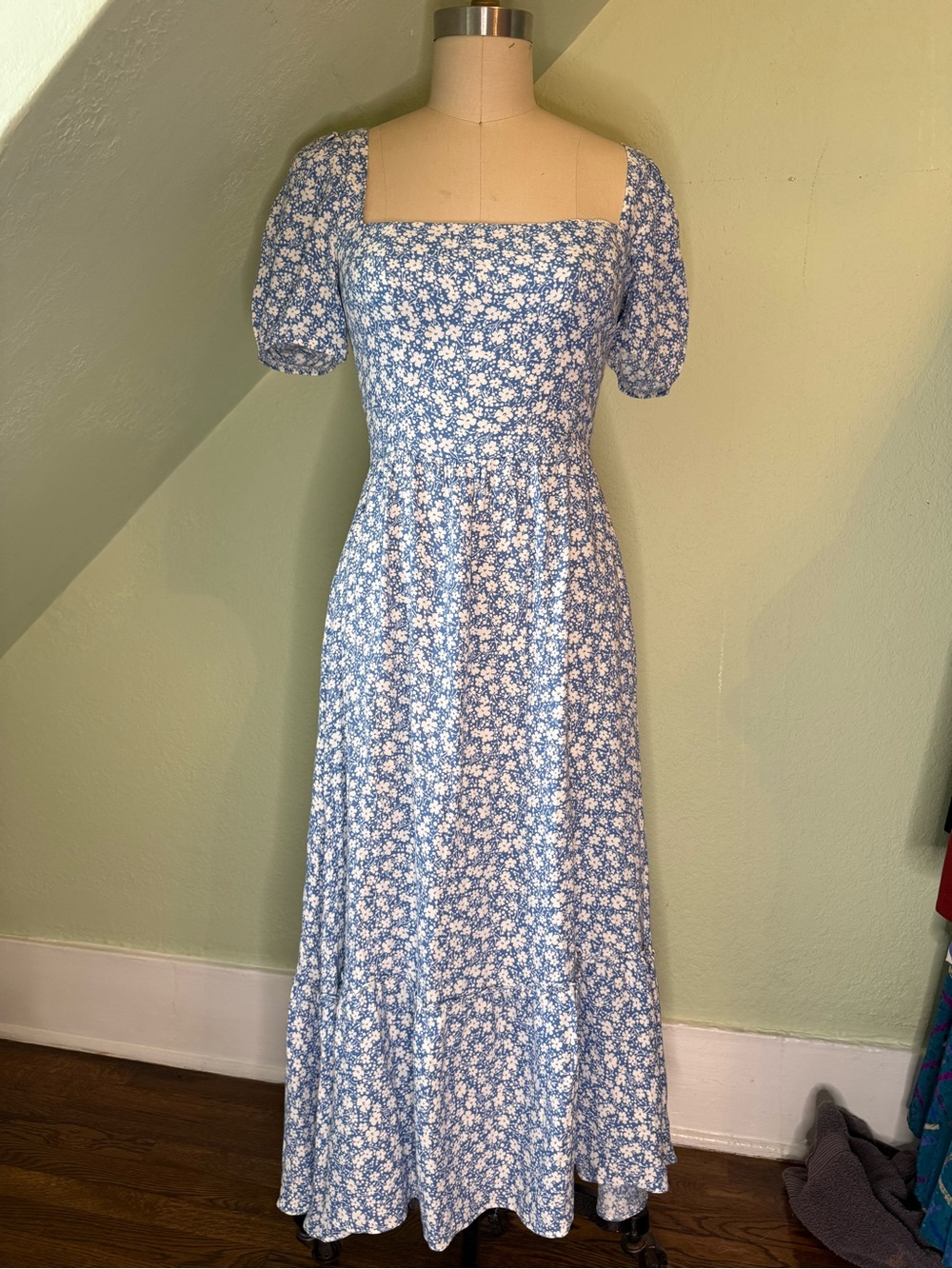 Reformation Blue and White Floral Square-Neck Dress